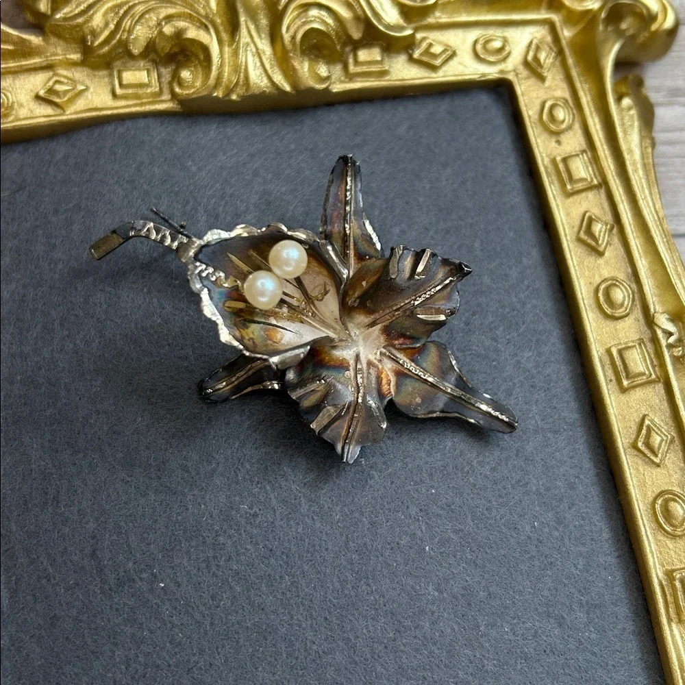 Vintage Orchid Brooch with Faux Pearls possibly Sterling?